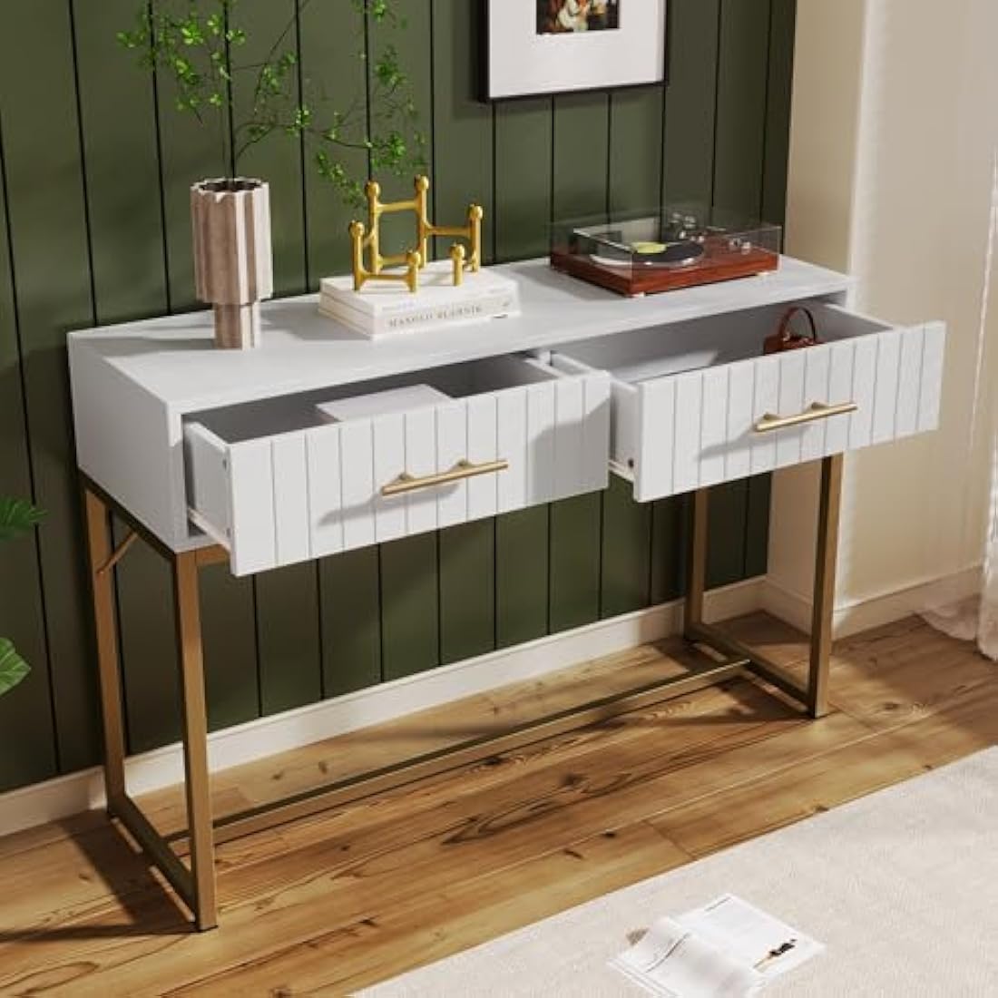 Merax Modern White Wooden Dressing Table with Ribbed Drawers