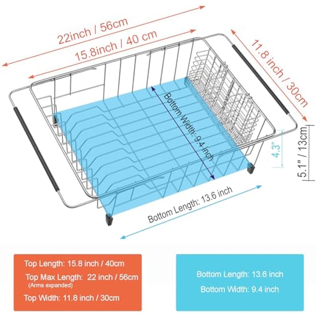 iPEGTOP Extendable Dish Drying Rack | 304 Stainless Steel Sink Drainer