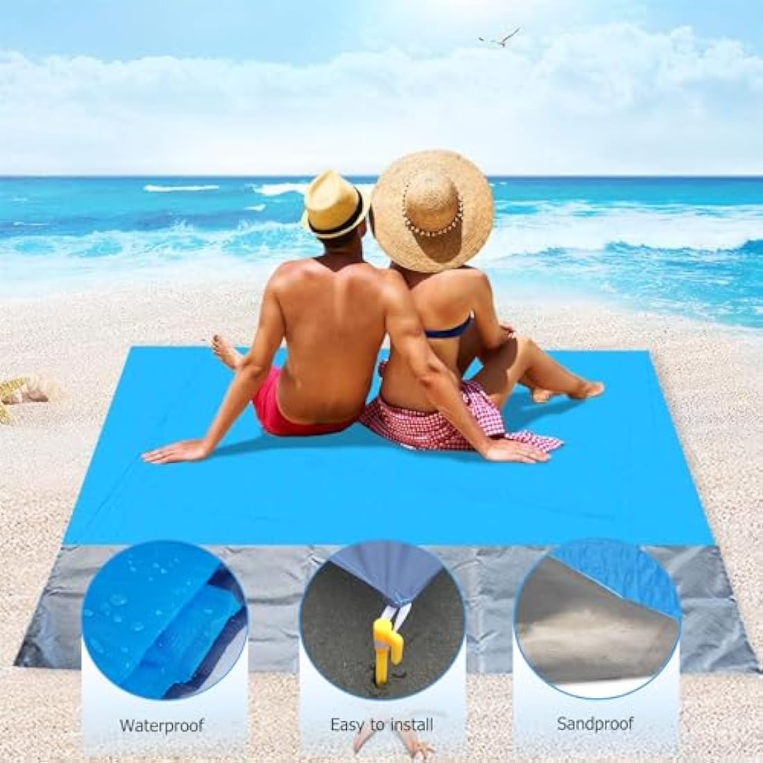 ZFYQ Sandproof Beach Blanket – 200x210cm Waterproof Picnic Mat with Stakes