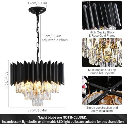 Modern K9 Crystal Chandelier – 3-Tier Black Round Light