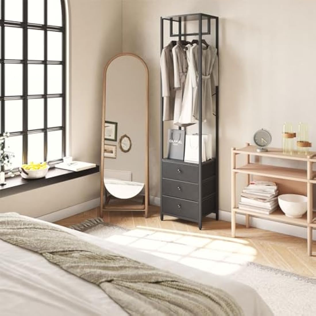 YMYNY Freestanding Coat Rack with 3 Non-Woven Drawers | Tall Closet Organizer