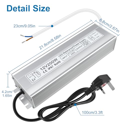 inShareplus 200W LED Power Supply | IP67 Waterproof 12V DC Driver Adapter
