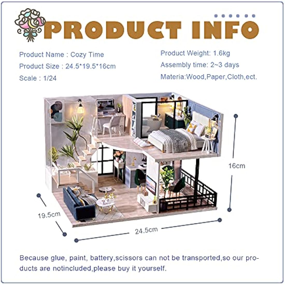 CUTEBEE DIY Wooden Dollhouse Miniature Kit with Music & LED – 1:24 Scale