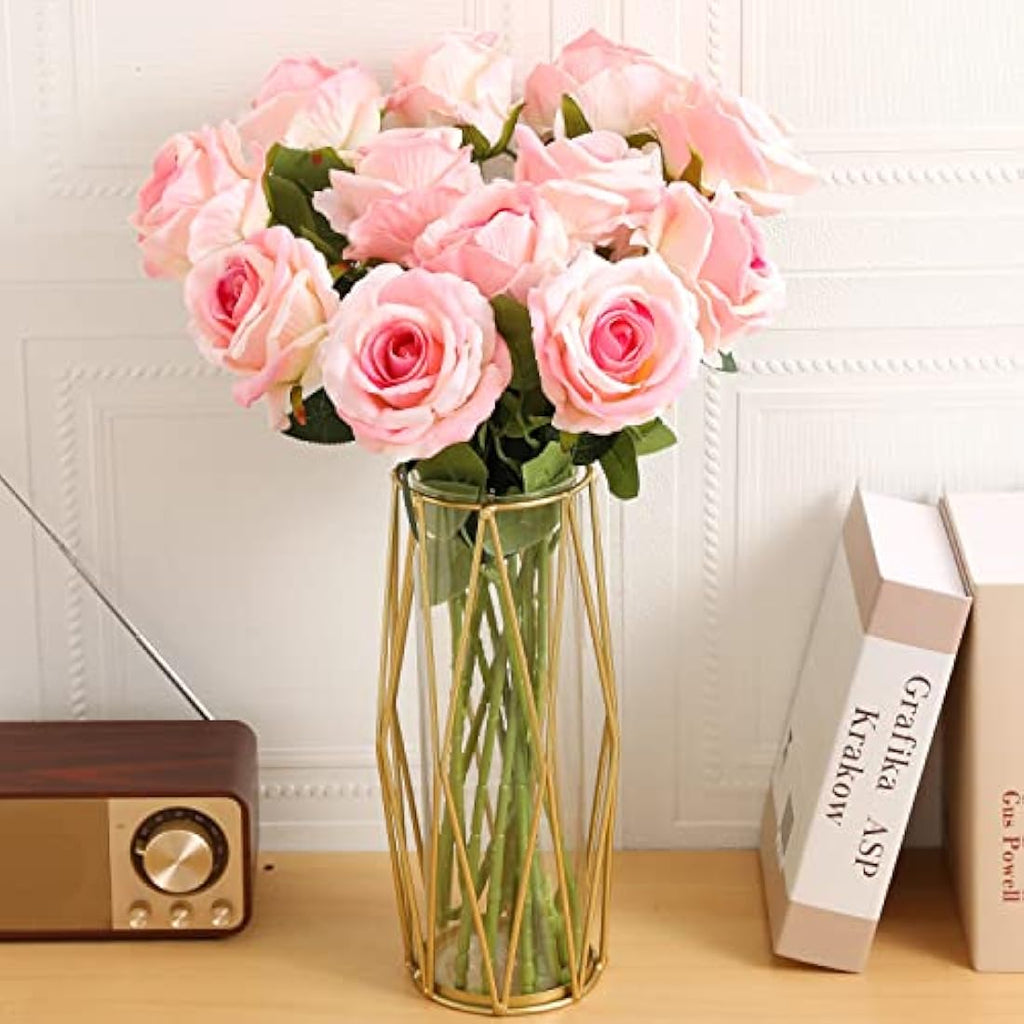 Cloudecor 15Pcs Pink Velvet Artificial Roses – 19.7" Long Stem Silk Flowers
