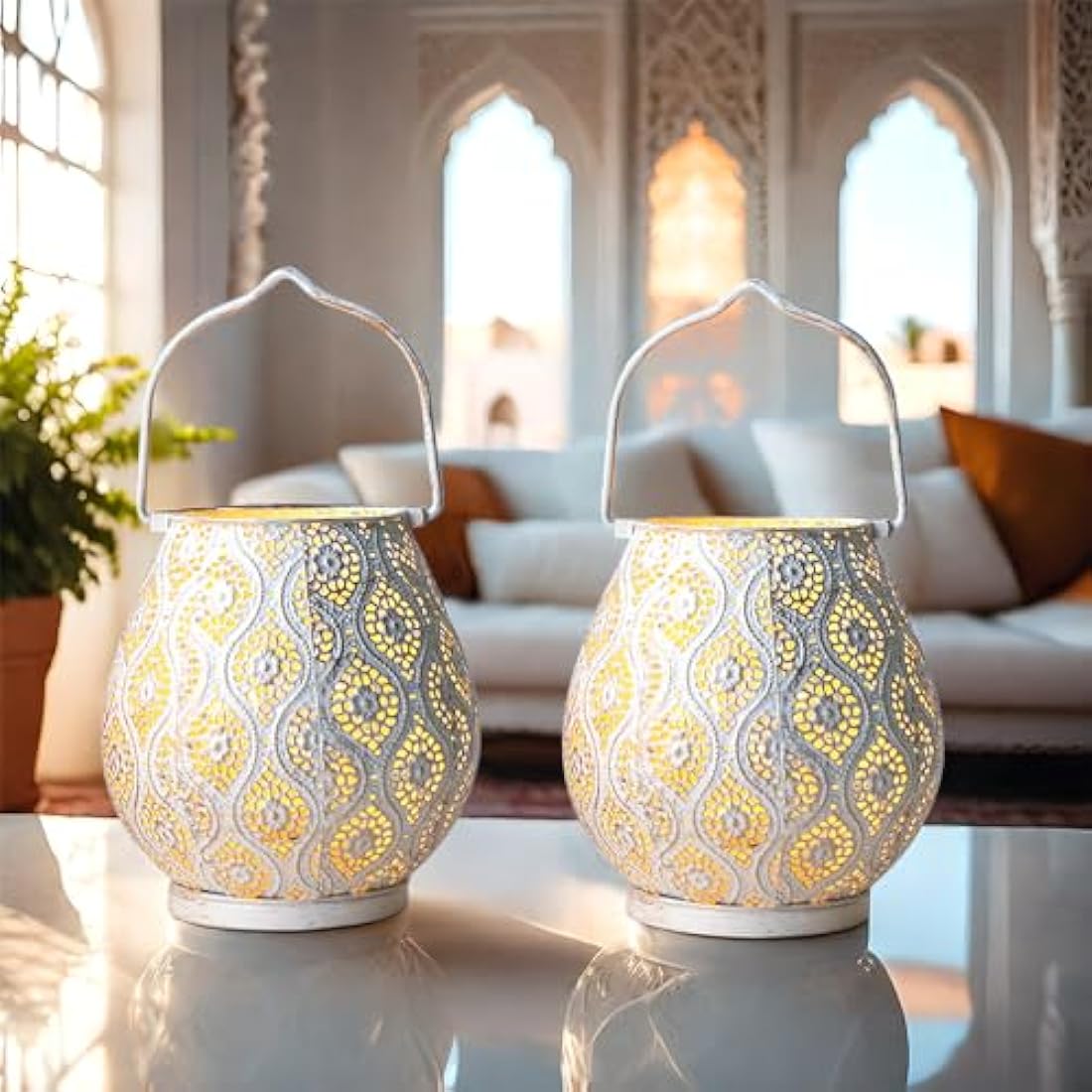 TRIROCKS Moroccan Metal Table Lamps – Set of 2 White Cordless Lanterns
