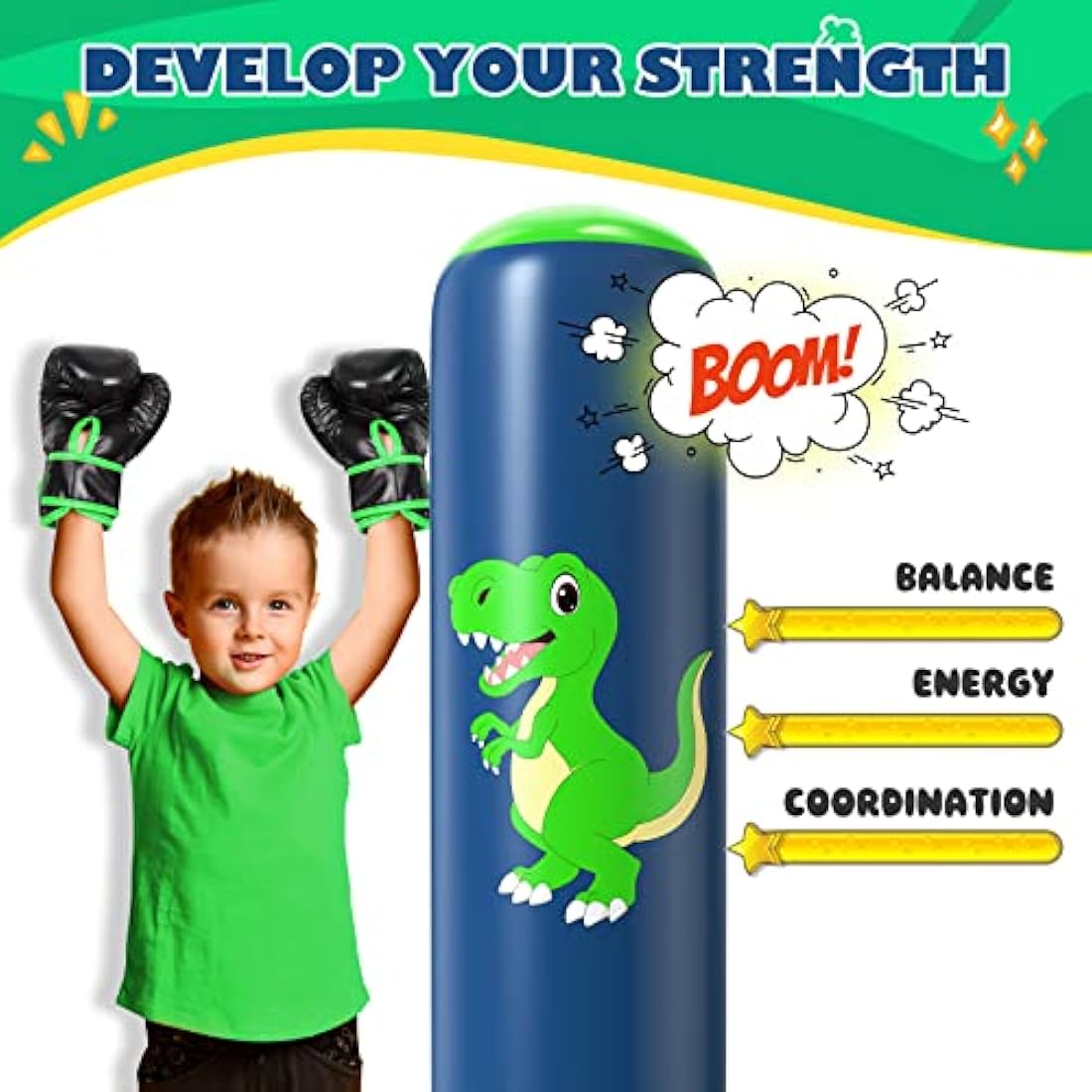 QPAU Kids Inflatable Dinosaur Punching Bag Set with Gloves for Ages 3-8