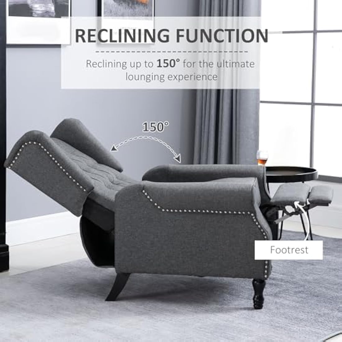 HOMCOM Vintage Wingback Recliner Armchair with Tufted Back - Light Grey