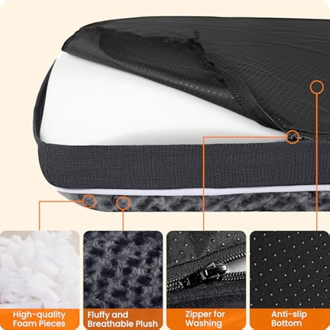 HMTOPE Orthopaedic Dog Bed – Washable Double Deck Pet Mat, Dark Grey