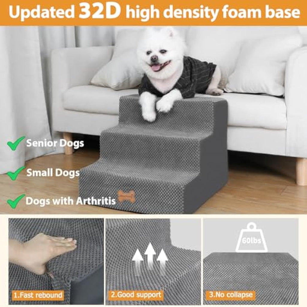 Nepfaivy 3-Step Foam Dog Stairs – Non-Slip Pet Ramp for Small Dogs