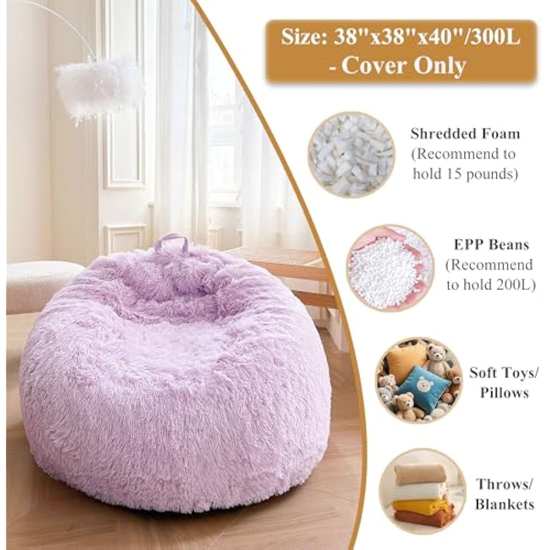 Jolof Store Faux Fur Bean Bag Cover – Fluffy Plush Toy Storage, Lavender