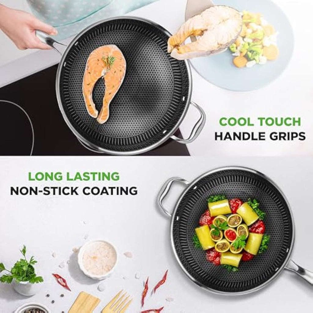 Nutrichef 12" Nonstick Wok – 30cm Stainless Steel Stir Fry Pan with Lid