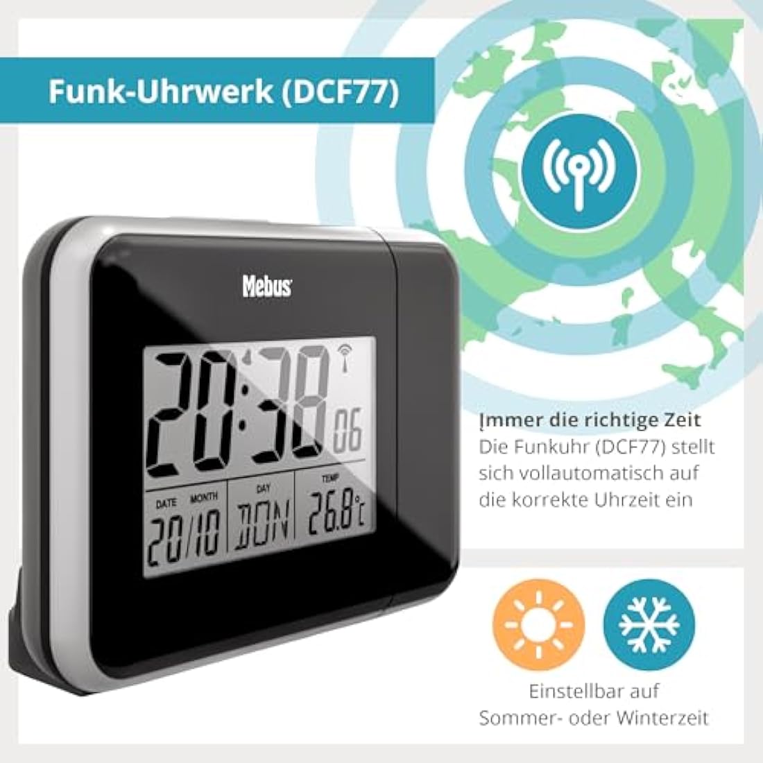 Mebus Radio Alarm Clock with Projection and Thermometer – Black