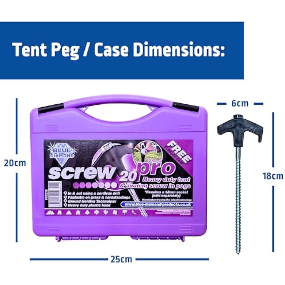 Blue Diamond Heavy Duty Screw Tent Pegs – 20cm Galvanized Steel 20 Pack