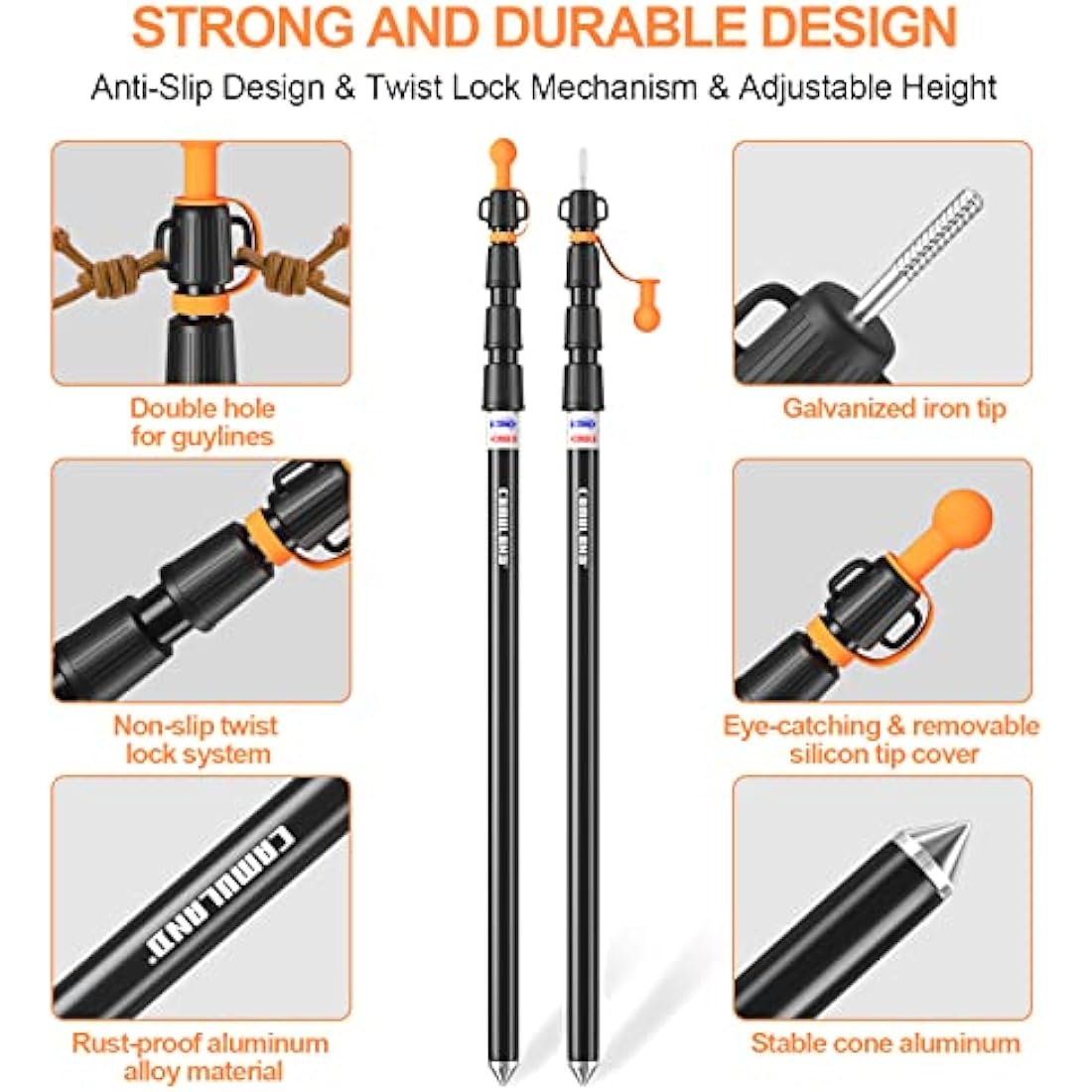 CAMULAND Heavy Duty Tarp Poles | Adjustable Aluminum Telescoping Tent Poles