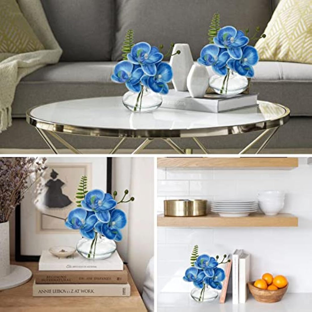 Briful Set of 3 Blue Artificial Orchids in Glass Vase – Real Touch Faux Flowers