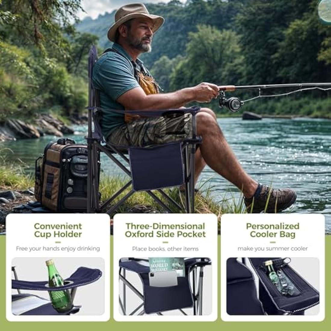 ALPHA CAMP Heavy Duty Folding Camping Chair with Cooler Bag – Navy Blue