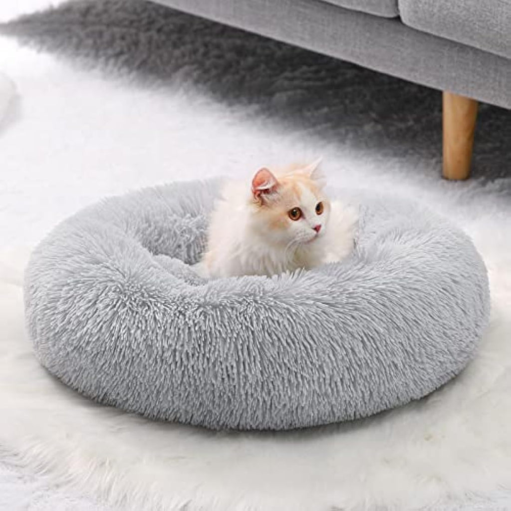 YOJOGEE Calming Donut Cat Bed – Washable Faux Fur Pet Bed, Grey 40cm