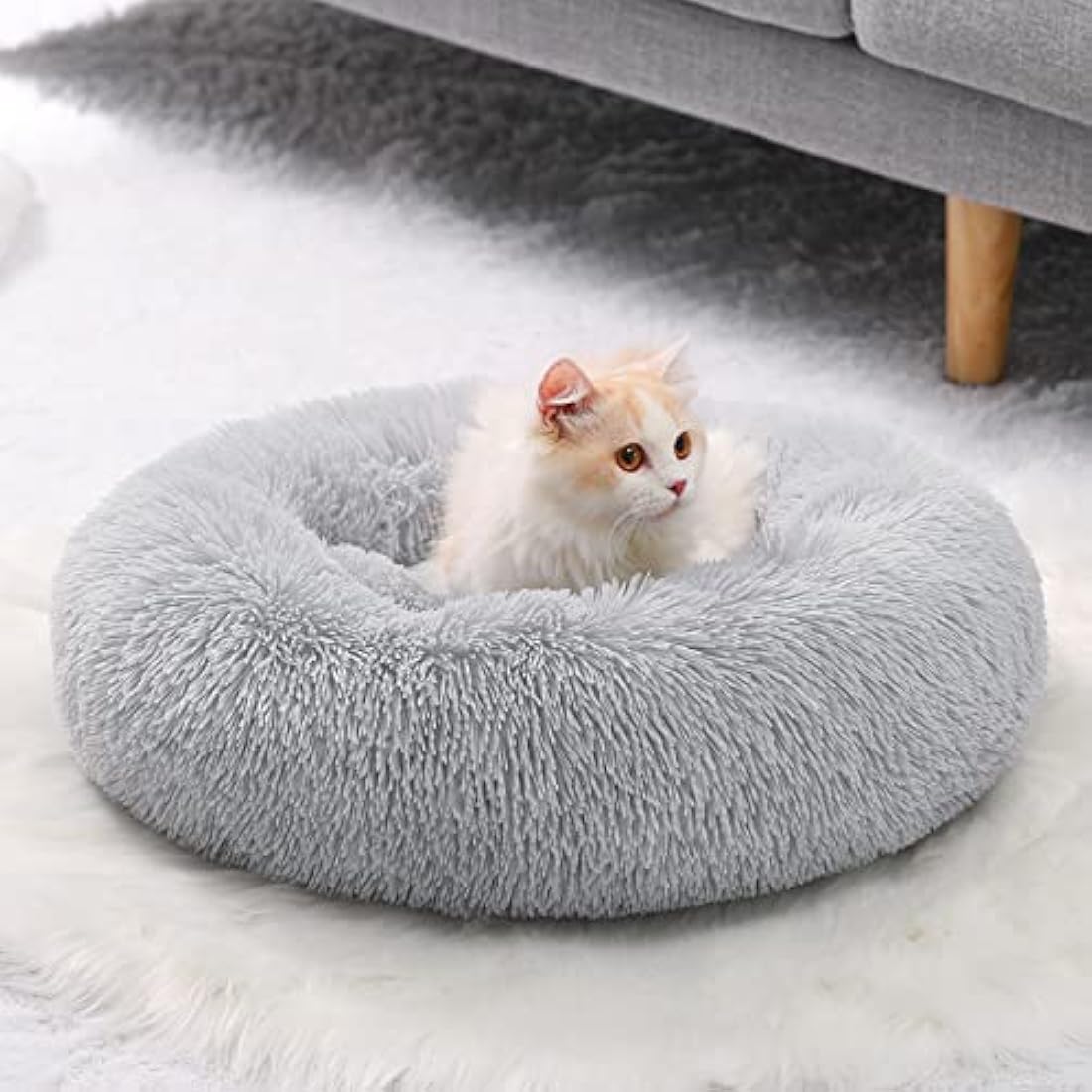 YOJOGEE Calming Donut Cat Bed – Washable Faux Fur Pet Bed, Grey 40cm