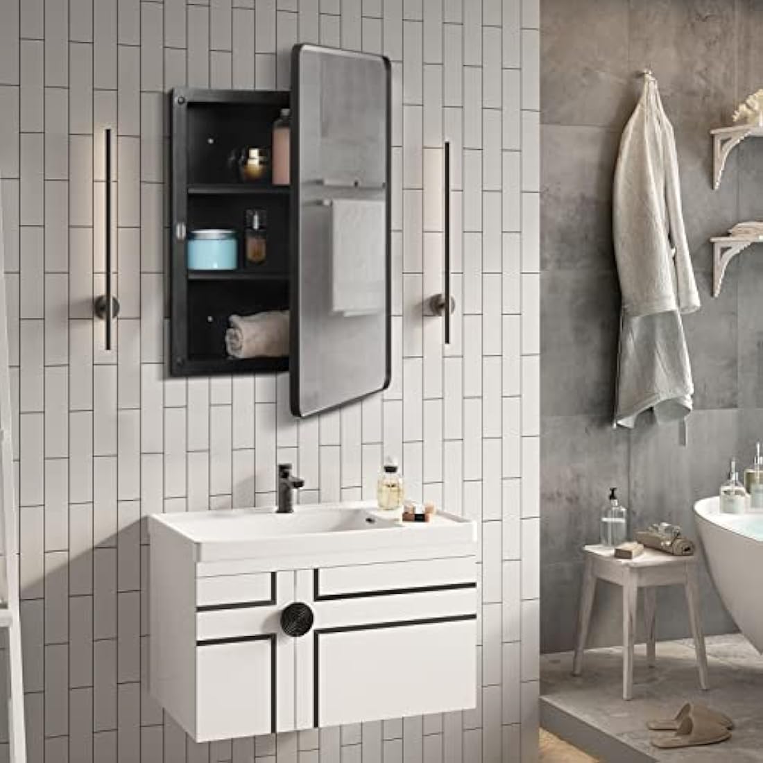 Fundin Black Mirror Cabinet – Beveled Edge Recessed Bathroom Storage