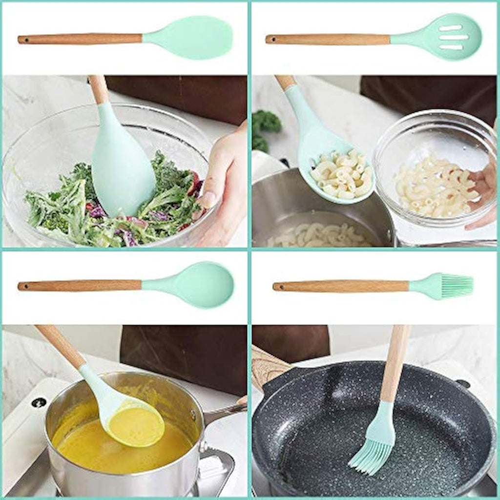 Jolof Store 9-Piece Silicone Kitchen Utensil Set with Wooden Handles