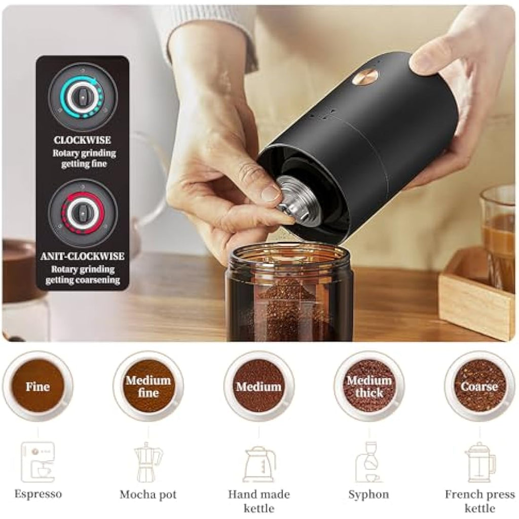 ELMWAY Portable Electric Coffee Grinder – Stainless Steel Burr, Rechargeable