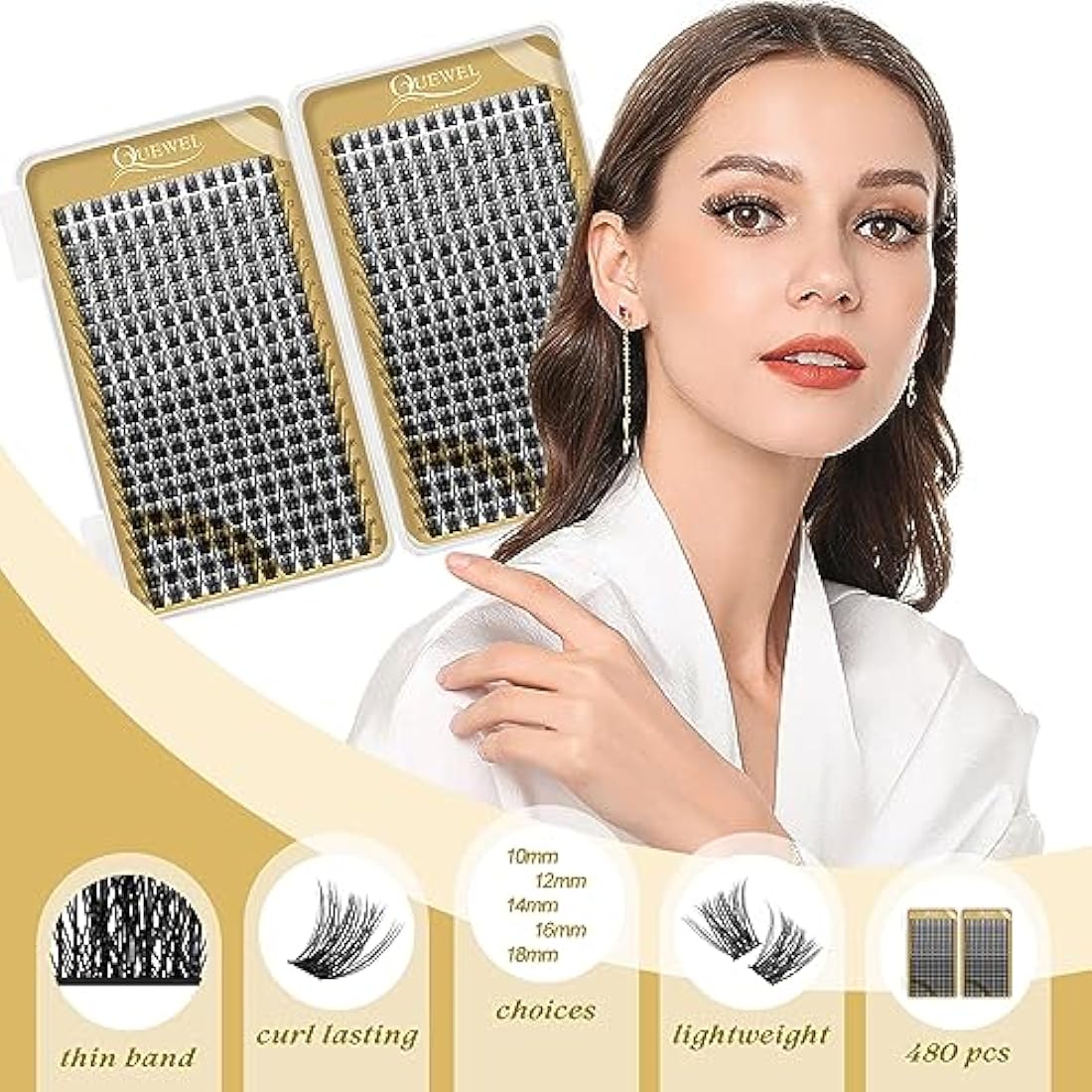 QUEWEL Cluster Lashes – 480 Pcs D Curl DIY Individual Lash Extensions