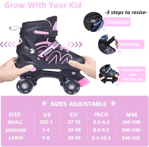 ERNAN Kids Roller Skates | Adjustable 4 Sizes with 8 Light Up Wheels - Pink