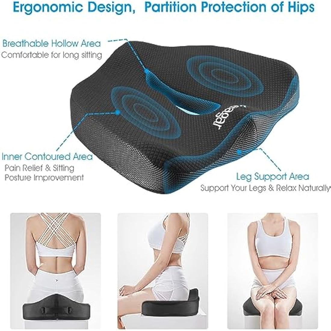 Feagar Orthopedic Memory Foam Seat Cushion for Sciatica & Tailbone Relief