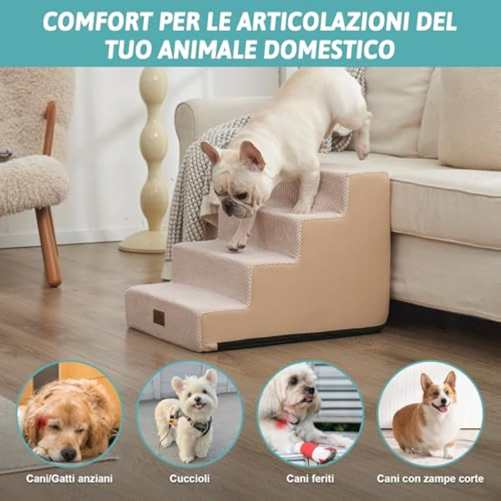 COZY KISS 4-Tier Wide Foam Dog Stairs – Non-Slip Pet Steps for Beds, Beige