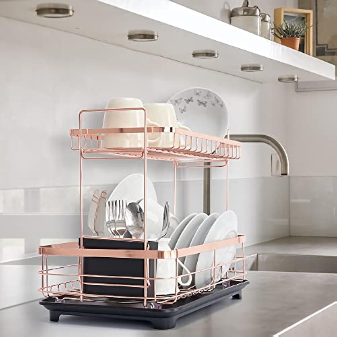 2-Tier Dish Drying Rack – Rose Gold Kitchen Organizer
