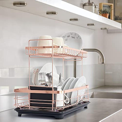 2-Tier Dish Drying Rack – Rose Gold Kitchen Organizer
