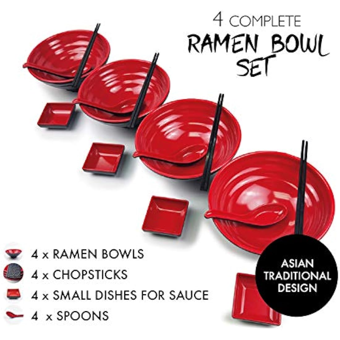 BaliBetov Melamine Ramen Bowl Set - 16 Piece Noodle Soup Kit, 32oz Red