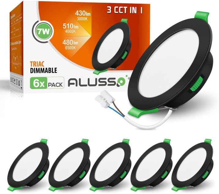 ALUSSO LED Recessed Downlights – 7W Ultra Slim IP44 Dimmable Black, 6 Pack
