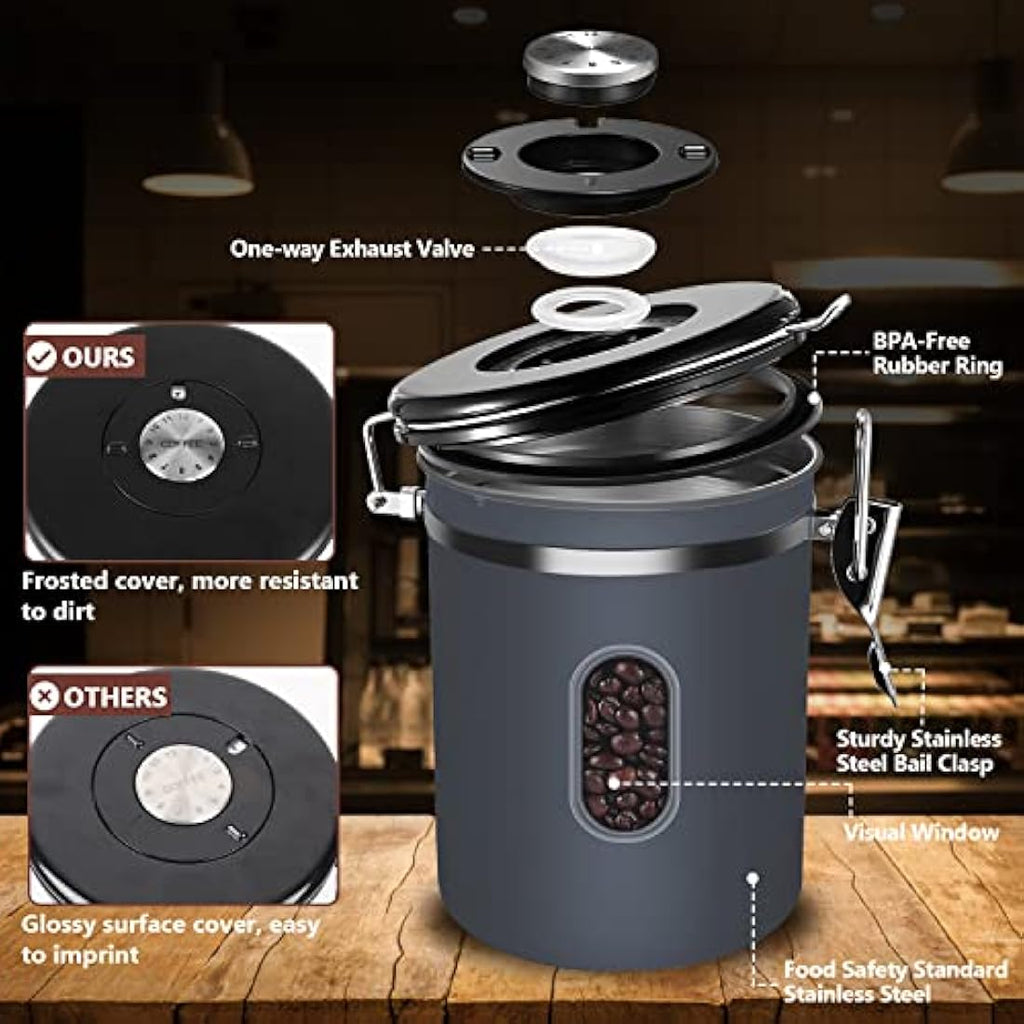 ROCKY&CHAO Airtight Coffee Canister – 2800ml Stainless Steel Storage