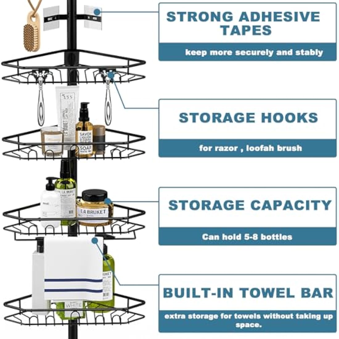 Mutool 7-Tier Telescopic Corner Shower Caddy – Adjustable Metal Shelf, Black