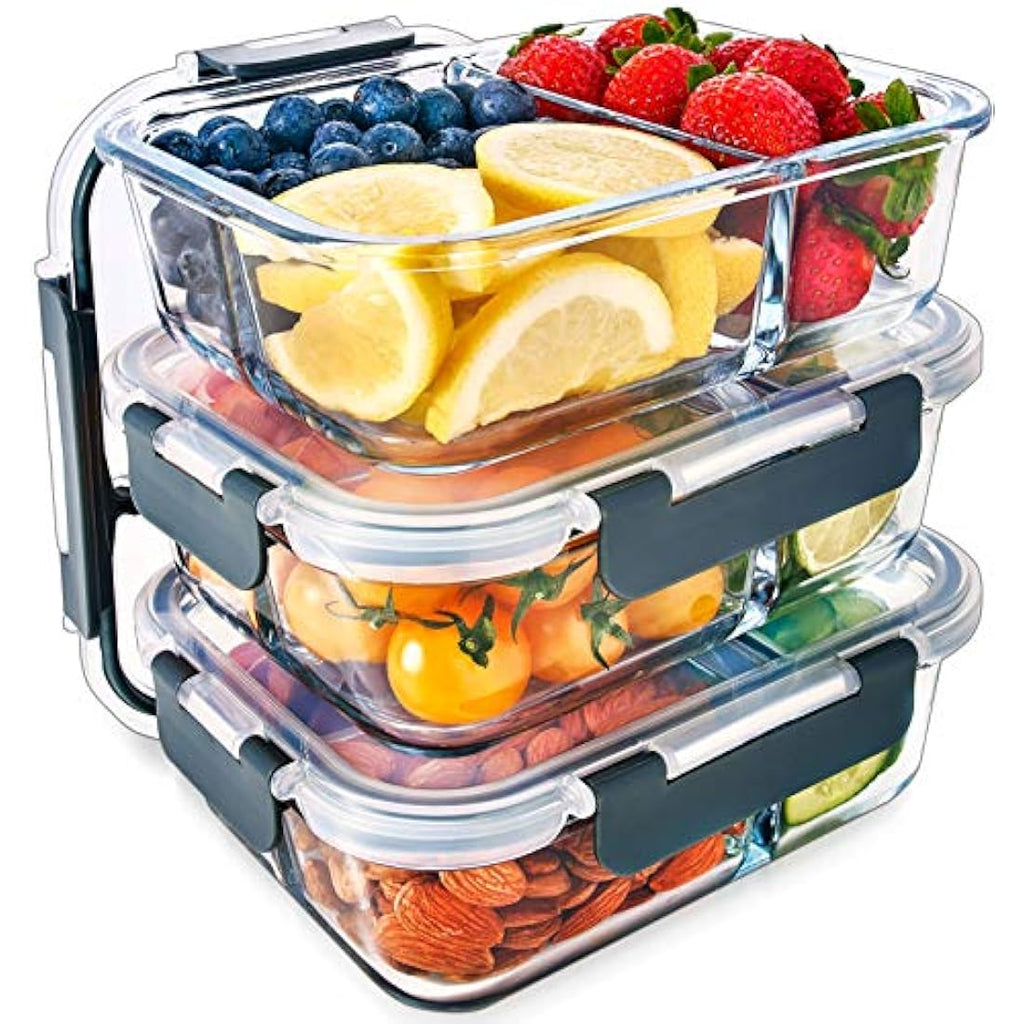 Igluu Glass Meal Prep Containers - 3 Pack 3 Compartment 980ml Oven Safe