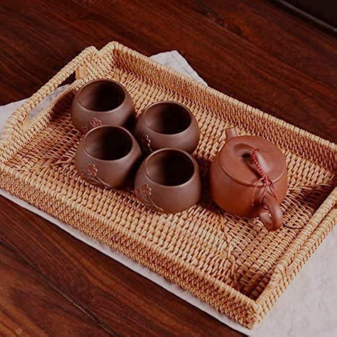 Hand-Woven Rattan Serving Tray with Handles – 17 Inch Rectangular