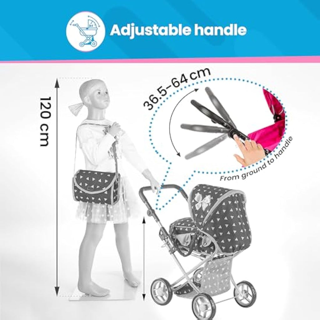 Kinderplay 3-in-1 Doll Pram – Adjustable Toy Stroller for Girls, KP0200R