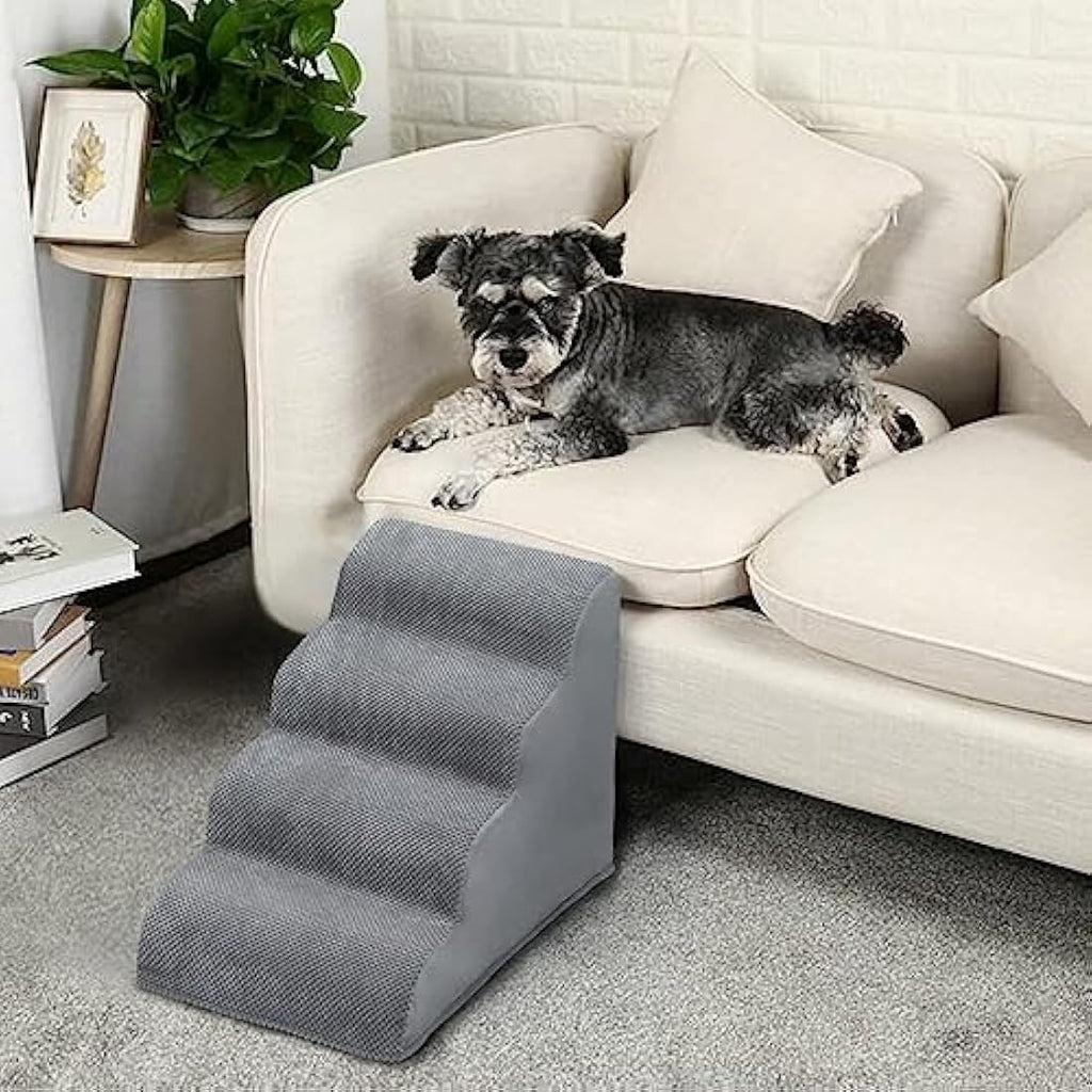 4-Step Foam Dog Stairs for Bed – Non-Slip Pet Ramp, Grey