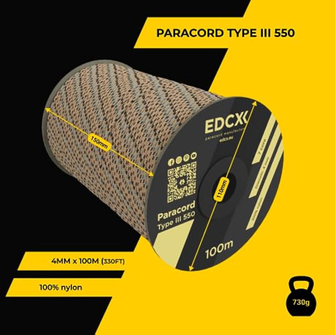 EDCX 550 Paracord – 4mm 7-Strand Nylon Rope for Camping & DIY, 15m