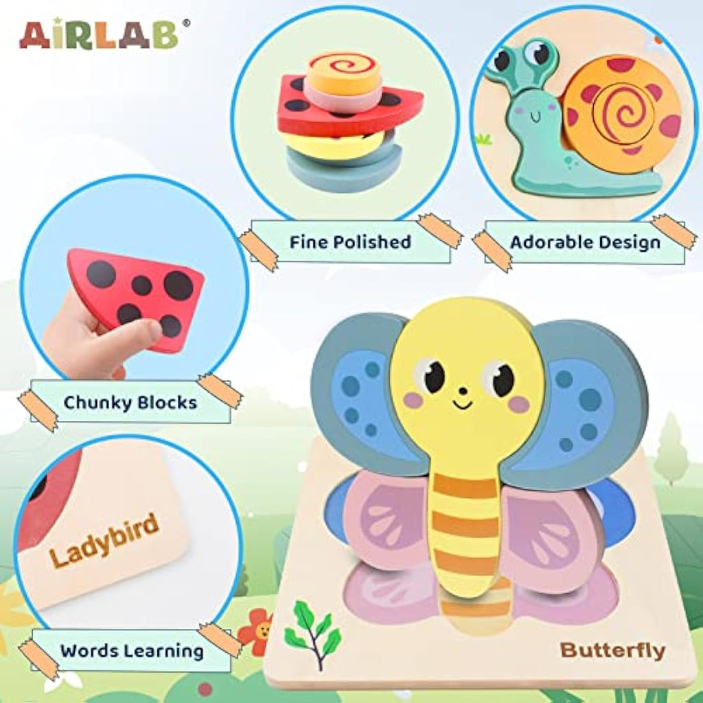 Airlab Wooden Animal Jigsaw Puzzles - 4 Pack Montessori Toddler Toys