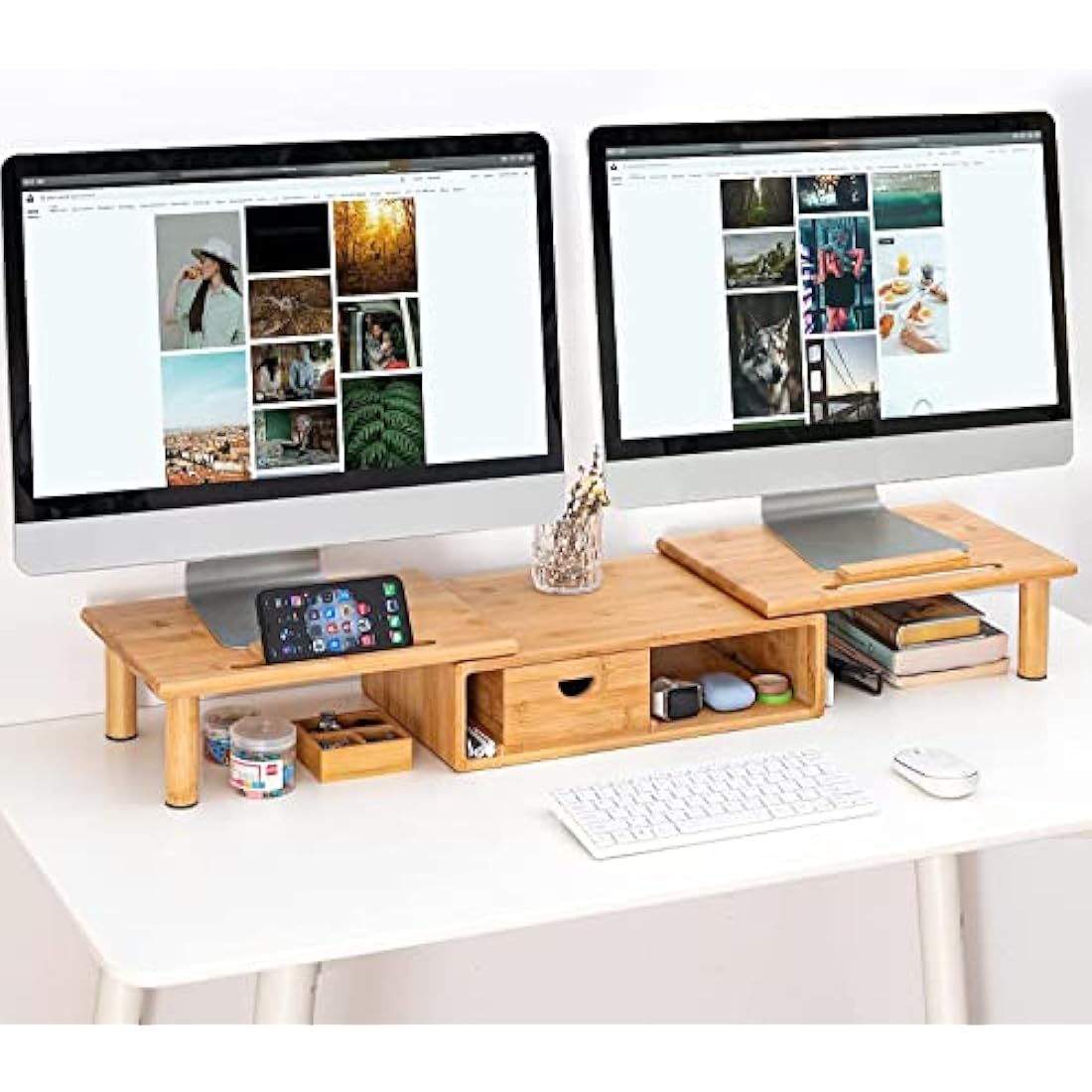 ROCDEER Bamboo Dual Monitor Stand Riser | Adjustable Desk Shelf