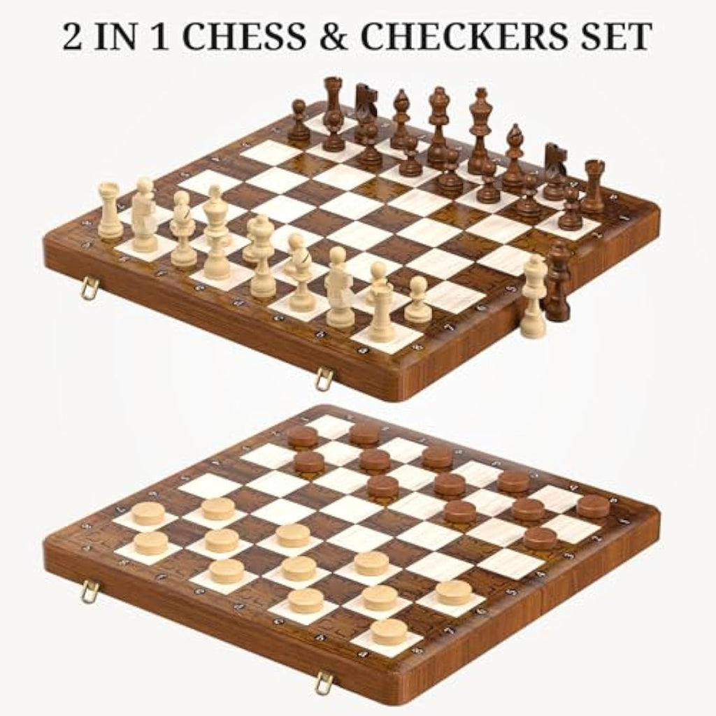 Tumu 16 Inch Magnetic Wooden Chess and Checkers Set - 2 in 1 Travel Board
