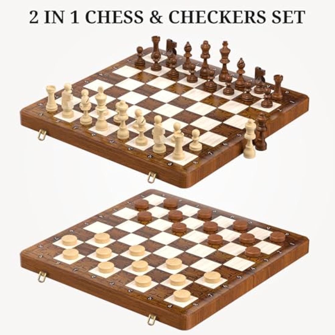 Tumu 16 Inch Magnetic Wooden Chess and Checkers Set - 2 in 1 Travel Board
