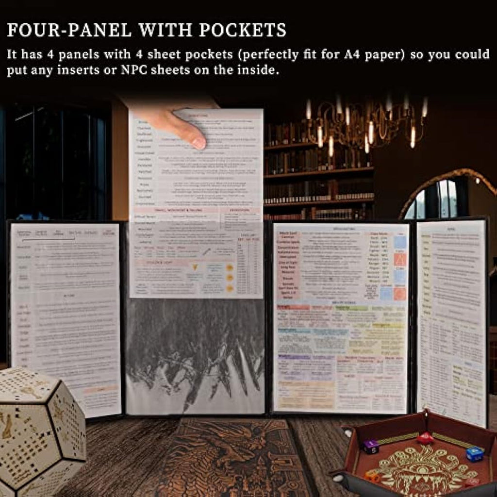Faux Leather DM Screen – 4-Panel Embossed Dragon & Mimic