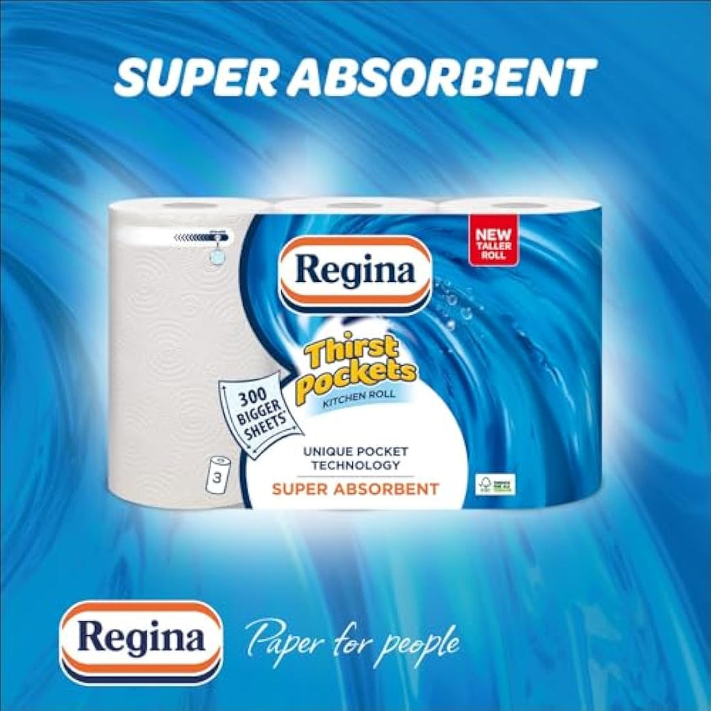 Regina Thirst Pockets Kitchen Roll – 12 Bulk Rolls, 1200 Sheets