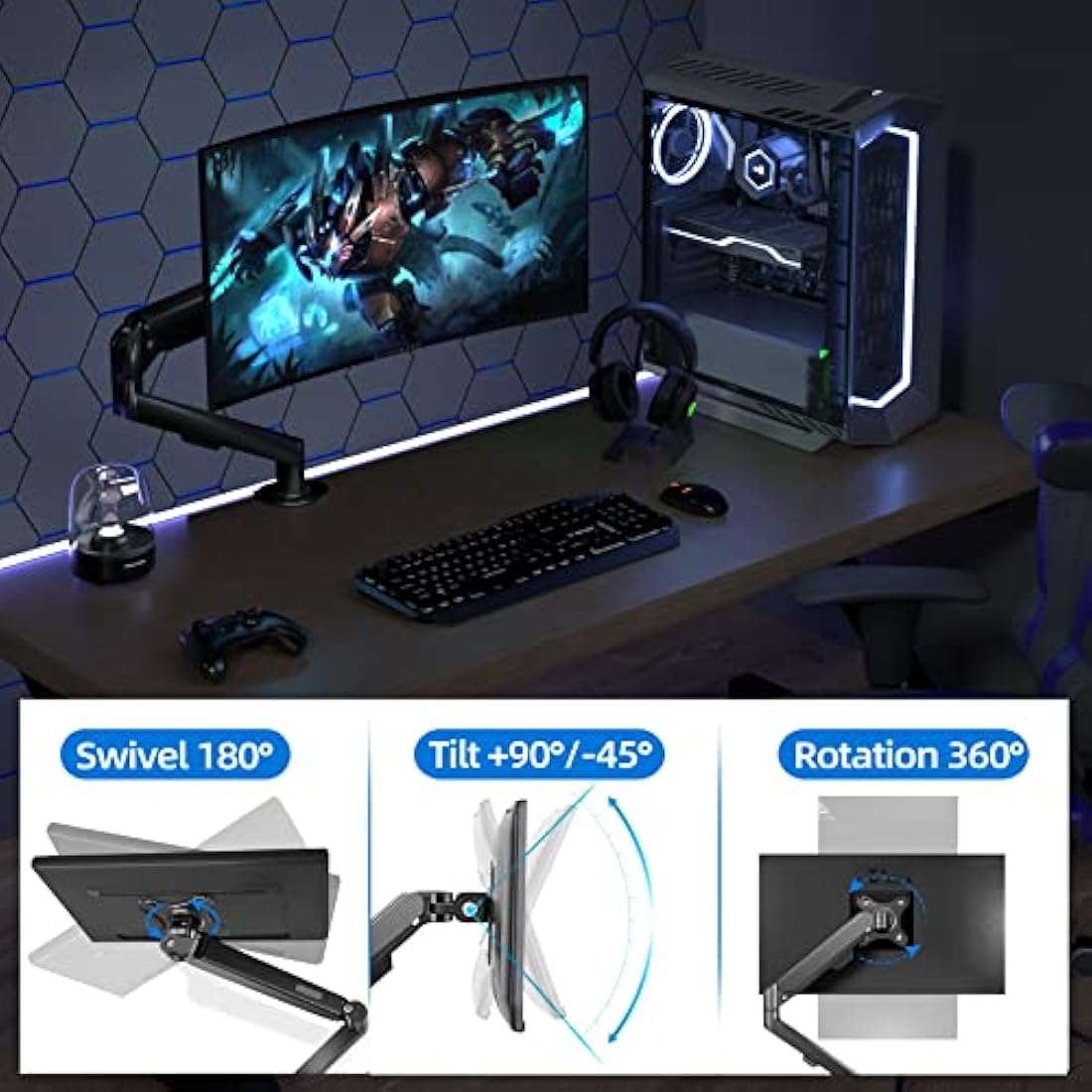 HILLPORT Single Monitor Arm – Gas Spring Desk Mount for 17-34" Screens