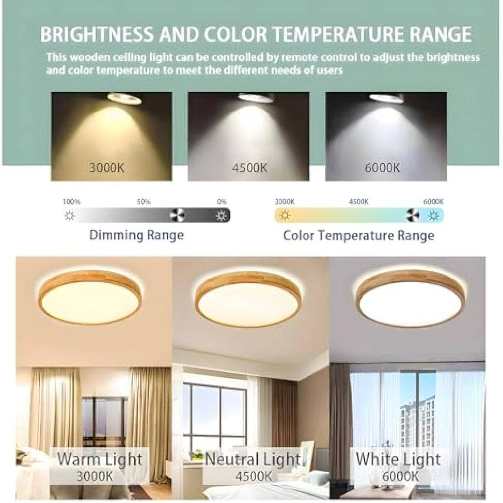 WayLuoung Round Wood LED Ceiling Light | 36W Dimmable with Remote Control