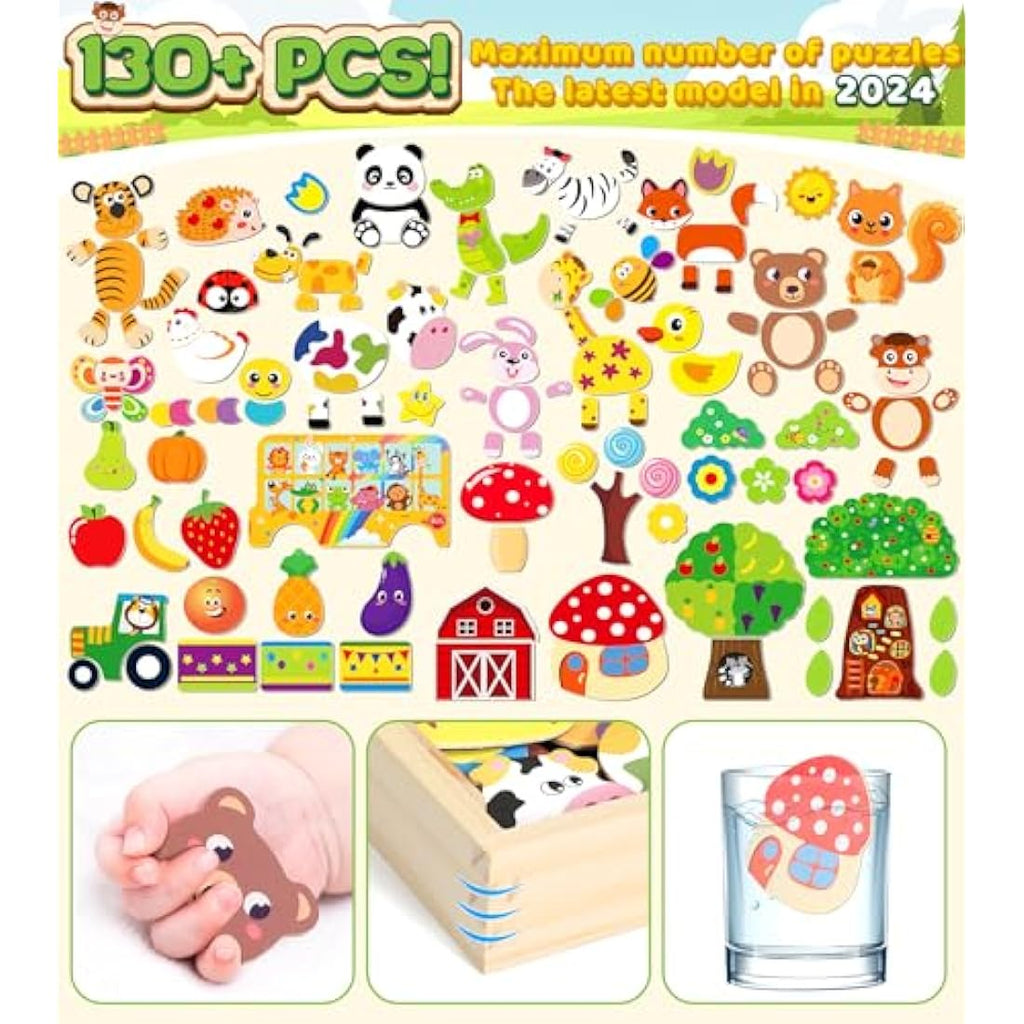 Jojoin 130 PCS Wooden Magnetic Puzzle | Montessori Educational Toy Board