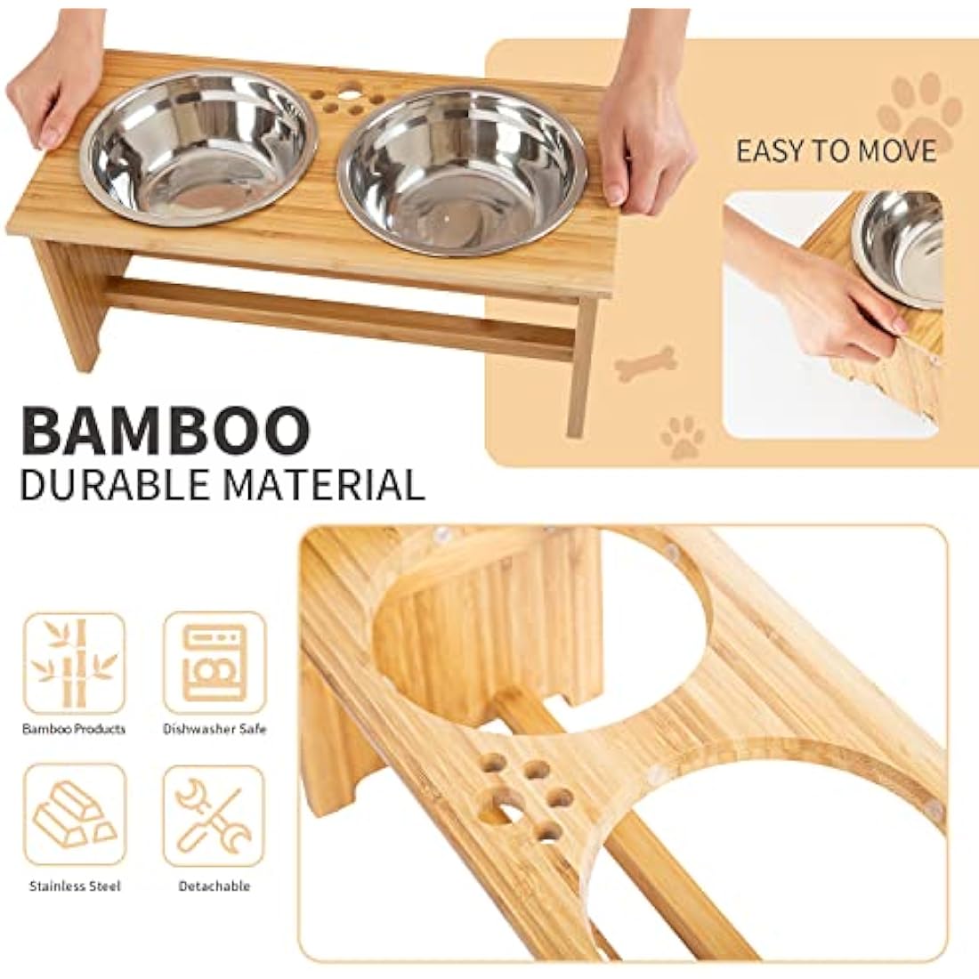 FOREYY Elevated Bamboo Dog Bowls | Raised Pet Feeder with Stainless Steel
